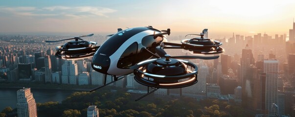 futuristic manned roto passenger drone flying in the sky over modern city for future air transportation and robotaxi concept as wide banner with copy space area - Generative AI - obrazy, fototapety, plakaty