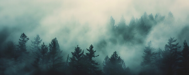 A misty mountain landscape with a forest of pine trees in a vintage retro style. The environment is portrayed with clouds and mist, creating a vintage and atmospheric imagery of a tree covered forest. - obrazy, fototapety, plakaty