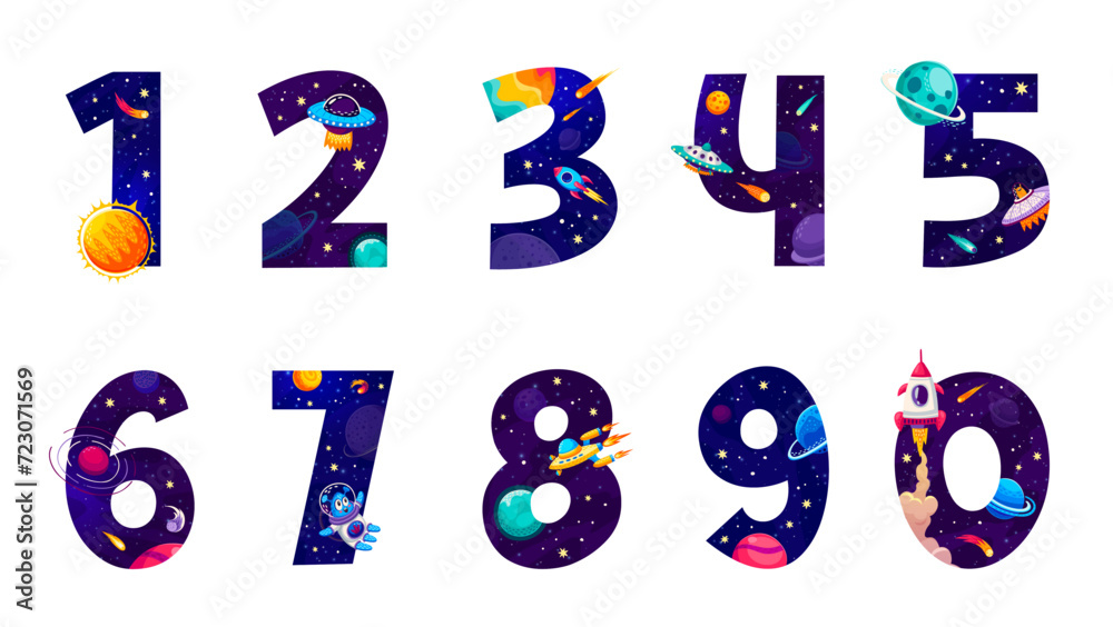 Poster Cartoon galaxy space numbers and funny math game elements, vector numerals. Space font numeric symbols or numbers from 1 to 0 with space rockets, planets and alien UFO or asteroids for kid math game