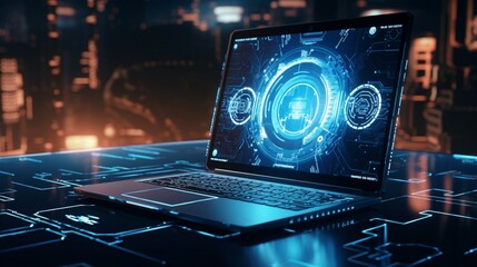 Futuristic interpretation of a secure cyber security service concept on a laptop, portrayed in high definition, showcasing advanced digital defense mechanisms. - obrazy, fototapety, plakaty