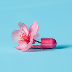 Creative layout with pink cherry flower growing from pink pill on light blue background. Minimal pastel spring concept. 