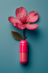Creative layout with pink cherry flower growing from pink pill on blue background. Minimal spring concept. 
