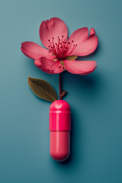 Fototapeta Creative layout with pink cherry flower growing from pink pill on blue background. Minimal spring concept. 