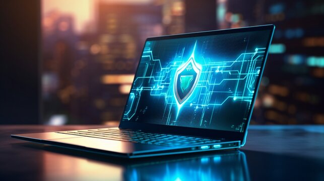 Futuristic interpretation of a secure cyber security service concept on a laptop, showcased in high definition, emphasizing digital safety and protection against online vulnerabilities.