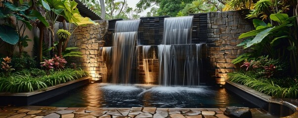 outdoor home modern water feature fountain waterfall as wide banner with copy space area for garden landscape design concepts - Generative AI