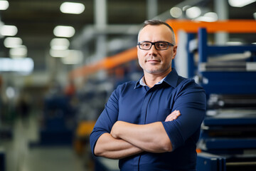 Confident Male Industrial Engineer with Arms Crossed Standing in a Manufacturing Plant. Industrial Leadership Concept