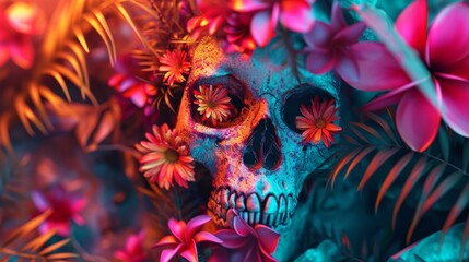 A skull surrounded by flowers and leaves