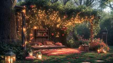 Obraz premium A garden with a bed and a lot of lights