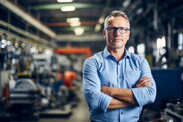 Confident Male Industrial Engineer with Arms Crossed Standing in a Manufacturing Plant. Industrial Leadership Concept