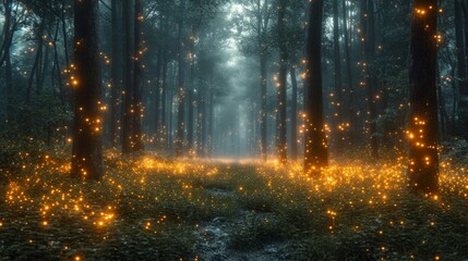 A forest filled with lots of yellow fireflies