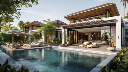 Fototapeta na wymiar Luxurious pool villa with refined architecture and fresh greenery