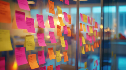 Colored notes or sticky notes on the glass wall in the office