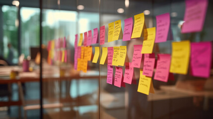 Obraz na płótnie Canvas Colored notes or sticky notes on the glass wall in the office