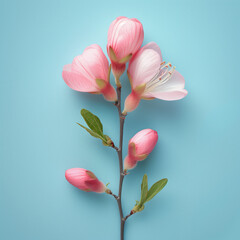 Creative layout with pink cherry flower on blue background. Minimal spring concept. Close up.