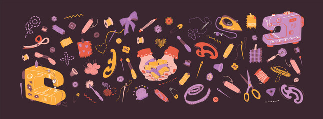 Big vector cartoon set of sewing tools elements on dark background. Threads, buttons, scissors, hands holding threads. For advertising design of hobby and creative goods stores. Scandinavian style.