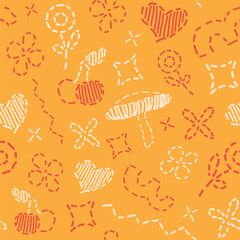 Vector seamless pattern of embroidered thread elements. Cute figures embroidered with thread. Patterns for use in textiles, interior design, gift paper. Catoon hand drawn style.