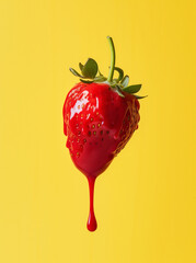 Floating strawberry with red dripping liquid paint. Yellow background. Creative food concept	