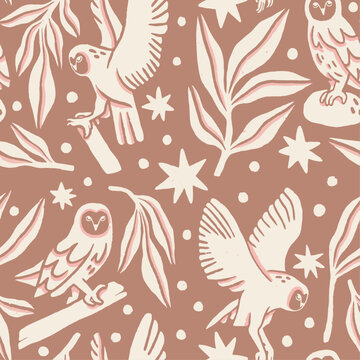 Magic owls pink and brown seamless pattern with stars and plants 