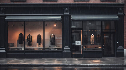 Clothing shop with glass windows, shop colors black and white - obrazy, fototapety, plakaty