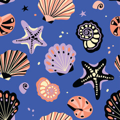 Vector seamless pattern with seashells and starfish, hand drawn vector isolated elements. A set of ornaments for the design of textiles, clothing, and interior.