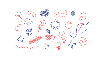 Vector set of embroidered thread figures. Cartoon hand drawn style. Banner for a hobby store. Set of isolated elements for design work.