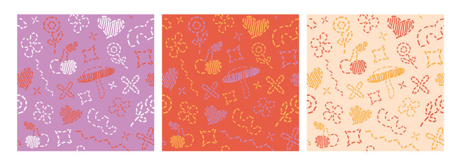 Set of vector seamless patterns of embroidered thread elements. Three different color options. Cute figures embroidered with thread. Patterns for use in textiles, interior design, gift paper
