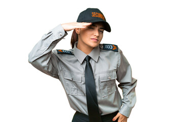 Young safeguard woman over isolated chroma key background looking far away with hand to look...