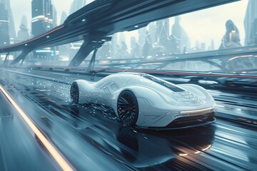 Obraz premium A futuristic electric car zooming down a highway. AI Generate