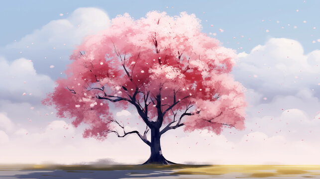 Painting of a pink tree in blossom in spring