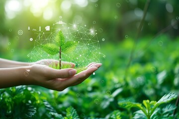 Human hand holding green plant on nature background. Ecology and environment concept. AI Generate