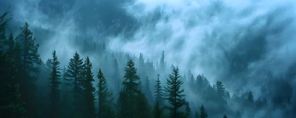 Rideaux velours Bleu A misty mountain landscape with a forest of pine trees in a vintage retro style. The environment is portrayed with clouds and mist, creating a vintage and atmospheric imagery of a tree covered forest.