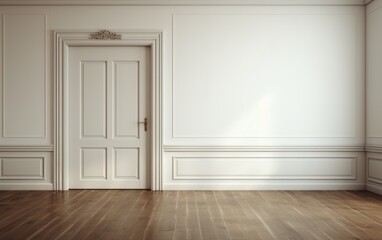 White room with wooden floors and closed door, decluttered interiors picture