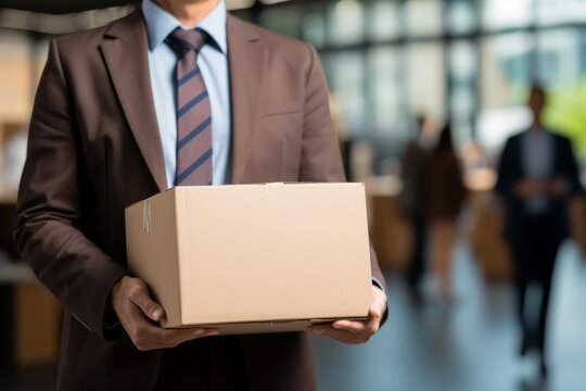 Close up of a businessperson jobless and holding a cardboard box, urban downsizing picture