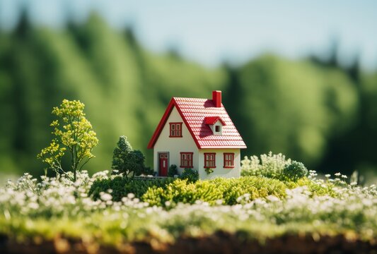 Tiny toy house resting on lush green grass during a sunny summer day, tiny homes picture
