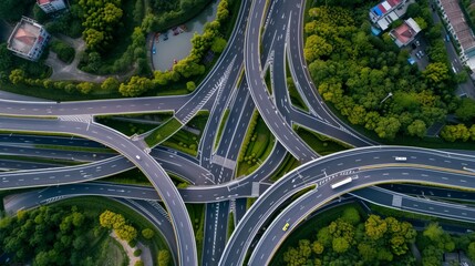 Arial top view of Modern transportation with Expressway, Road and Roundabout, multilevel junction highway-Top view. Important infrastructure.