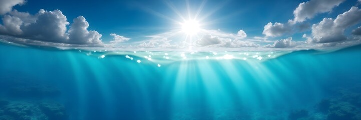 Underwater Realm amidst Azure Skies with Clouds and Sunlight Beams