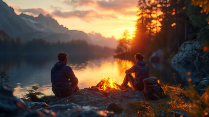 Friends by Lakeside Campfire at Dusk, the sun sets behind the mountains, friends gather around a...