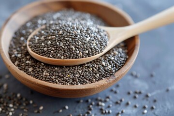 chia seeds in a wooden bowl with a spoon on dark table