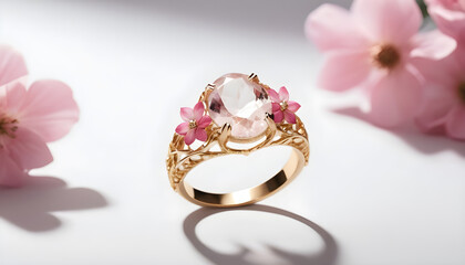 Gold ring with quartz, flower background