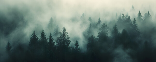 A misty mountain landscape with a forest of pine trees in a vintage retro style. The environment is portrayed with clouds and mist, creating a vintage and atmospheric imagery of a tree covered forest. - obrazy, fototapety, plakaty