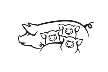 monochrome illustration of pig and piglets isolated on white background © Alexkava