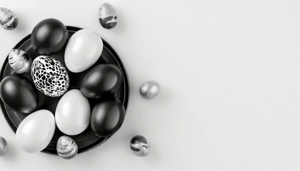 Easter eggs composition for greeting card design, black, silver, white