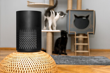 air purifier in the area with pets or cat. Air Pollution Concept. Air purifier, filters out...