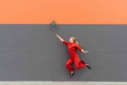 Happy woman holding monstera leaf jumping in front of wall
