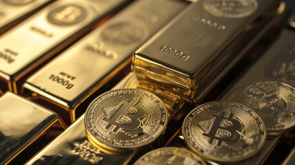 bitcoin crypto currency coin on top of gold bars