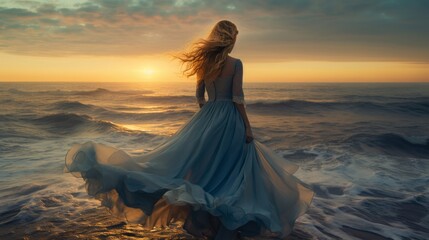 Fototapeta na wymiar blonde woman wearing light blue dress walks on the beach , generated by AI
