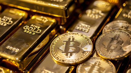 bitcoin crypto currency coin on top of gold bars - obrazy, fototapety, plakaty