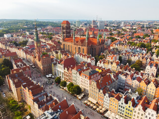 Aerial top view Historical Old City of Gdansk ,and Motlawa river, Poland at sunset. Also known as Danzig and the city of amber.St. Mary's Basilica- view of the old town- Gdansk, Poland.