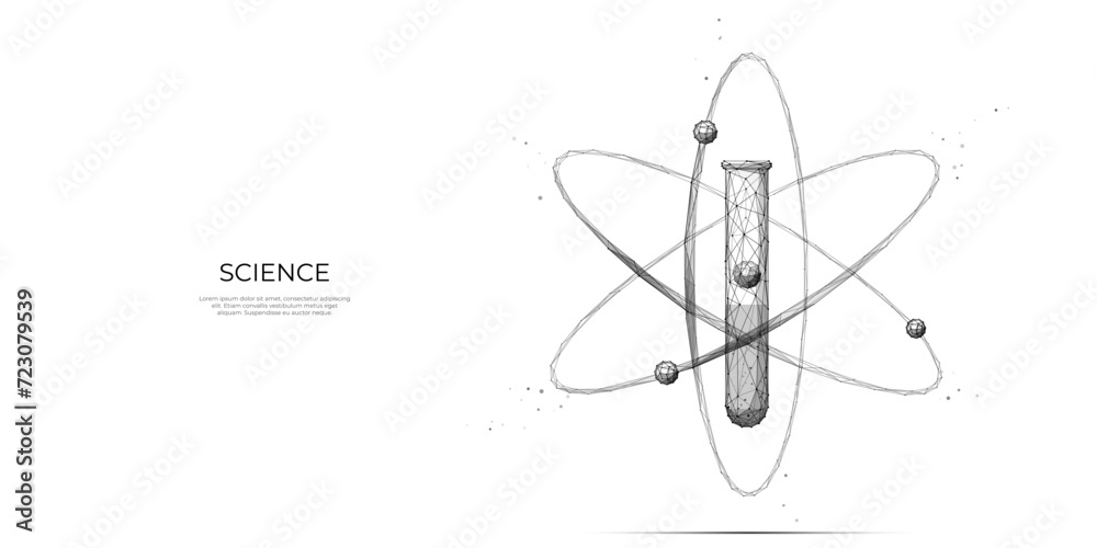 Poster Chemistry science concept. Abstract test tube and atom model isolated on a white background. Digital laboratory flask. Polygonal vector illustration. Innovation research. Low poly sketch. 