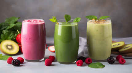Assortment of Fresh Fruit Smoothies with Berries, Kiwi, and Greens. Healthy Diet Concept